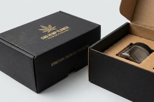 Premium CBD Packaging Two black CBD Hemp Flower Premium Packaging boxes, one closed with gold foil text, the other open revealing a glass jar in a kraft insert.