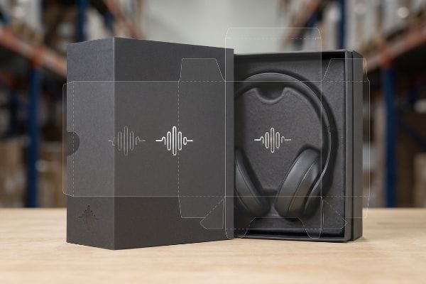 An open matte black packaging box revealing black headphones, detailed with a silver foil sound wave logo and visible transparent die-cut lines.