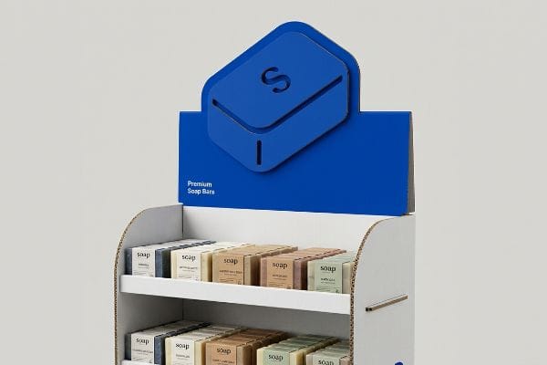 White cardboard retail display featuring a blue 3D die-cut soap bar header with "Premium Soap Bars" text, showcasing various wrapped soap bars.