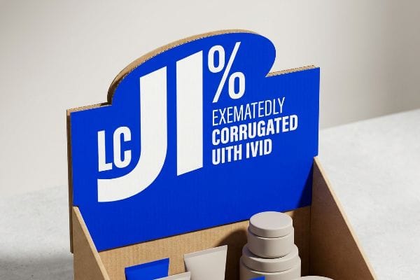 Wellpappen-Displaykopf Aufsteller aus Wellpappe mit ausgestanztem blauem Header, der in fetter weißer Schrift „Lc J1%“ und „Exemitatedly Corrugated Uith Ivid“ trägt.