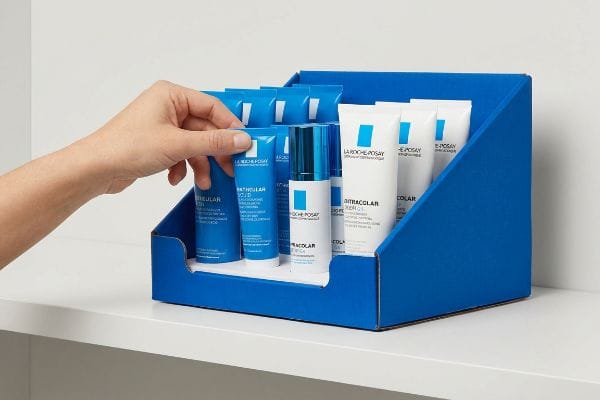 La Roche-Posay PDQ Grab A hand selects a La Roche-Posay Intracolair Liquid tube from a blue cardboard cosmetics PDQ display.