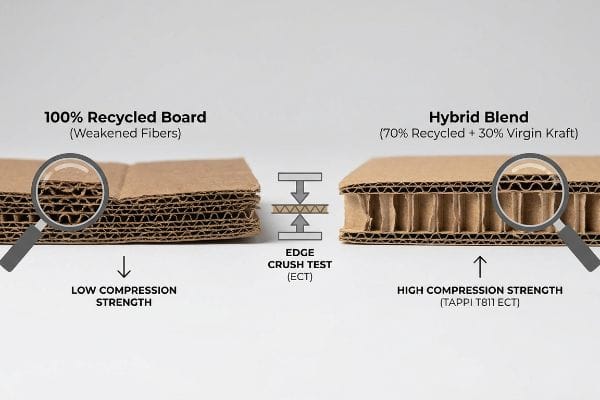 Corrugated board comparison: 100% Recycled Board shows Low Compression Strength, while Hybrid Blend (70% Recycled + 30% Virgin Kraft) demonstrates High Compression Strength via Edge Crush Test (TAPPI T811 ECT).