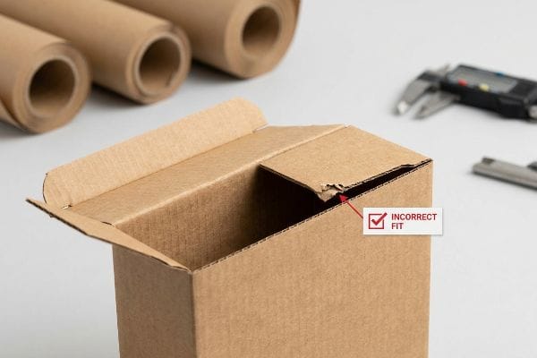 Corrugated cardboard box with a torn tuck flap, labeled 'Incorrect Fit', showing poor bend allowance for board thickness.