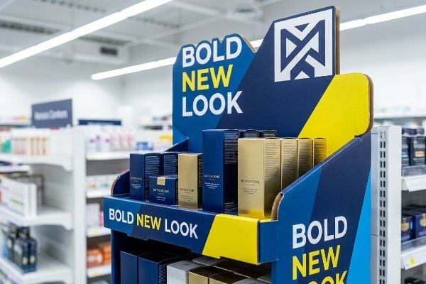 Blue and yellow secondary merchandiser displays 'Bold New Look' cosmetic packaging, with blue and gold 'Saturne' and 'Rochazen' product boxes.