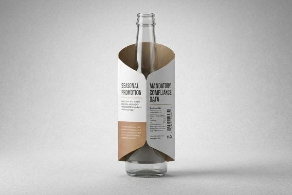 Bottle Sleeve Compliance Data Glass bottle featuring a custom paper packaging sleeve with 'Seasonal Promotion' and 'Mandatory Compliance Data' for retail compliance.