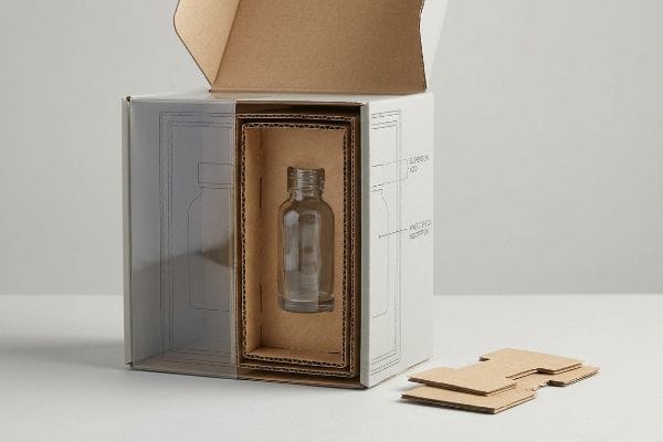 Verpackungseinsatz für Flaschenaufhängung Eine Wellpappeinlage umschließt eine durchsichtige Glasflasche in einem offenen, weißen Spezialkarton mit den Aufschriften „Superior Fado“ und „Kinetic Absorption“.