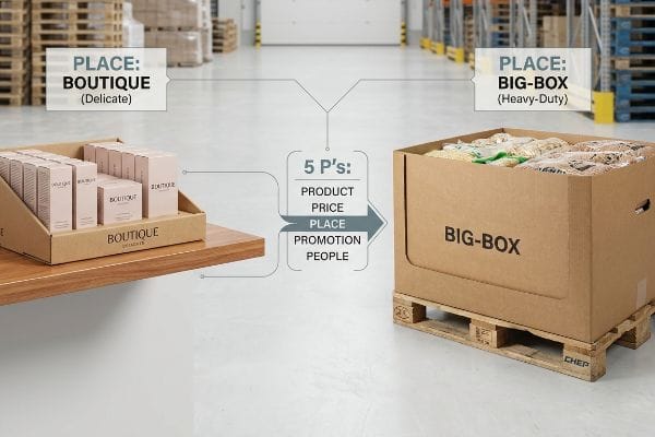 Placer le pilier 5 P La présentation de cosmétiques en boutique contraste avec le conditionnement robuste des grandes surfaces sur une palette bon marché, illustrant le pilier « Lieu » des 5 P.