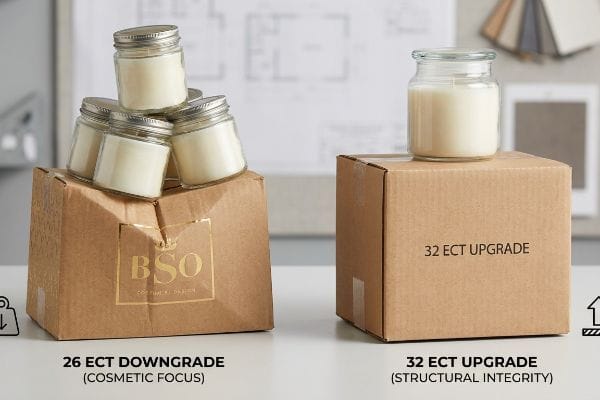 ECT Downgrade vs Upgrade Bowed 26 ECT Downgrade box with five glass candles vs. sturdy 32 ECT Upgrade box with one candle.
