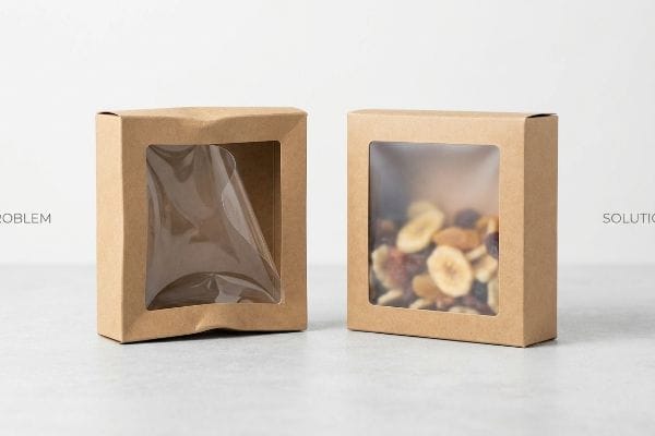 Brown kraft paper tuck boxes: 'Problem' box shows bowed plastic window; 'Solution' box displays dried fruits.