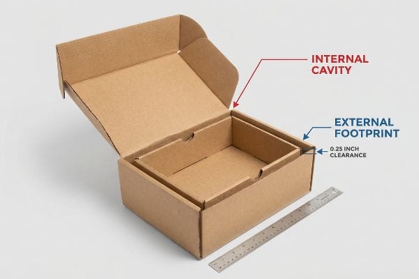Brown corrugated cardboard boxes demonstrating the Internal Cavity, External Footprint, and a 0.25 Inch Clearance with a ruler for scale.