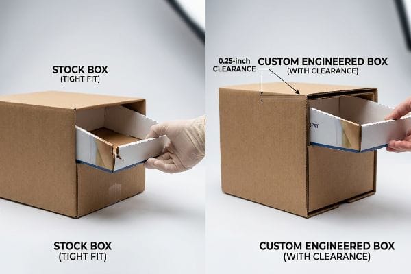Vergleich der Abverkaufspreise für Sonderanfertigungen von Kartons Vergleich einer Standardverpackung mit enger Passform, die zum Einreißen führt, mit einer speziell angefertigten Verpackung mit 0,25 Zoll Spielraum für einen reibungslosen Einzelhandelsbetrieb.