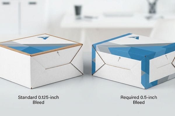 Box Bleed Comparison White cardboard boxes comparing standard 0.125-inch bleed with exposed brown edges to required 0.5-inch bleed for full coverage.