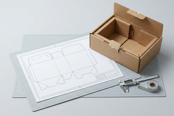 Custom package design: a brown corrugated box, its structural blueprint, digital caliper, and measuring tape on a grey cutting mat.