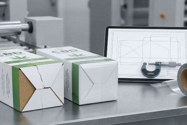 Cbd Packaging Quality Test White Cbd product boxes, one sealed, one cracked, with a micrometer and dieline on a laptop, for packaging quality.