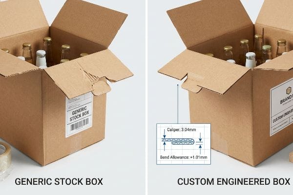 Corrugated cardboard boxes comparing a Generic Stock Box to a Custom Engineered Box, highlighting Caliper: 3.04mm and Bend Allowance: +1.01mm for dimensional accuracy.