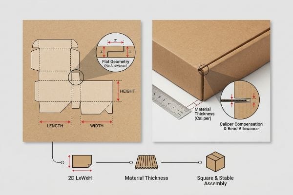 Diagram showing box LxWxH, flat geometry, material thickness caliper, and bend allowance for square, stable assembly.