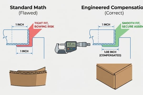 Engineered Compensation Box Assembly Corrugated box assembly diagram comparing flawed standard math (tight fit, bowing) to engineered compensation (smooth fit).