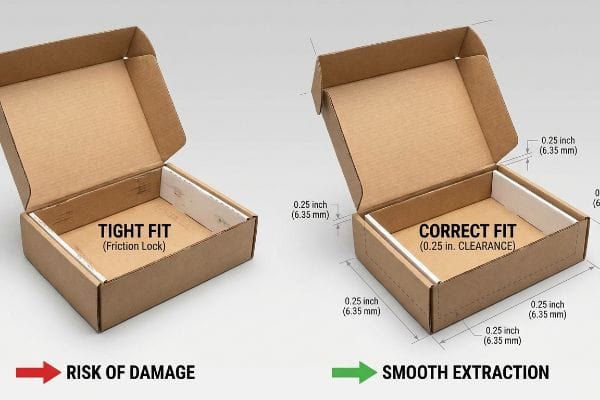 Box Fitment Comparison Brown corrugated cardboard boxes illustrate Tight Fit (Friction Lock) versus Correct Fit (0.25 In. Clearance) with 0.25 inch (6.35 mm) geometric offset, showing Risk of Damage vs. Smooth Extraction.