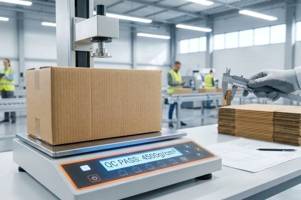 Box Quality Control Testing Corrugated box compression test on a digital scale shows Qc Pass: 4500g/cm², with a hand measuring cardboard thickness.