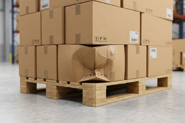 Brown corrugated shipping boxes stacked on a wooden pallet, featuring one bottom-tier carton with severe buckling and compression damage.