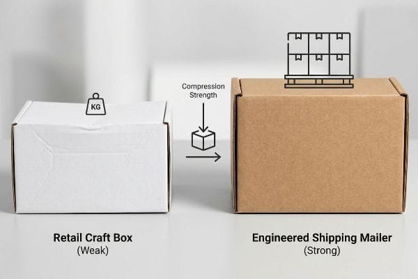 Box Compression Strength White Retail Craft Box (Weak) and brown Engineered Shipping Mailer (Strong) compared, highlighting Compression Strength with weight and pallet icons.