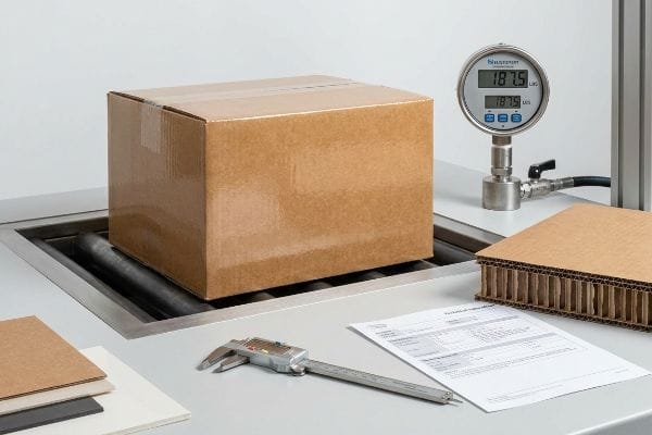 Brown corrugated box on a roller conveyor, with a digital pressure gauge showing 187.5 Lbs, honeycomb cardboard, and a digital caliper.