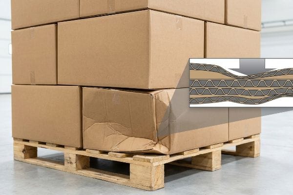 Brown corrugated boxes on a pallet, one crushed, with an inset diagram showing buckling flutes under pressure, demonstrating compromised load strength.