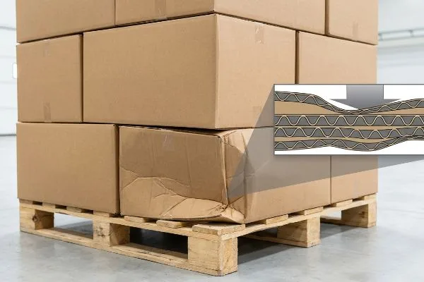 Braune Wellpappkartons auf einer Palette, einer davon zerdrückt, mit einer eingefügten Skizze, die das Einknicken der Wellen unter Druck zeigt und die verminderte Belastbarkeit verdeutlicht.