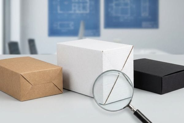 Magnifying glass examining the creasing and fold lines of a white tuck box, with kraft and black packaging boxes, emphasizing structural integrity.