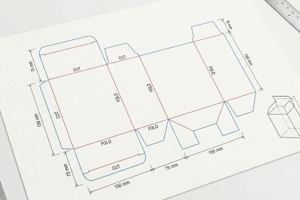 An overhead view shows a cosmetic box dieline template with blue Cut lines, red Fold lines, and dimensions of 75 mm and 150 mm.
