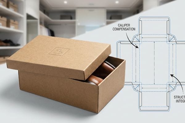 Brown kraft paper shoe box with an embossed logo, alongside a technical dieline illustrating Caliper Compensation and Structural Integrity.