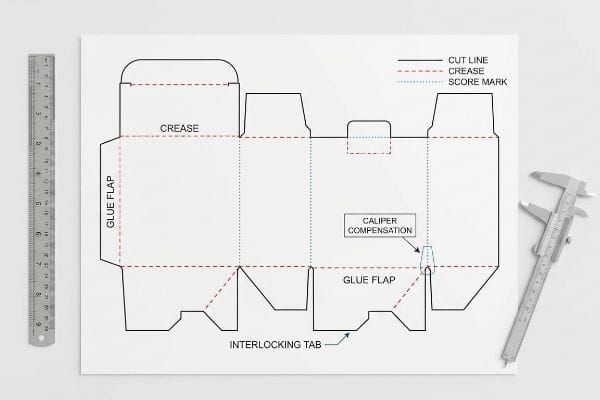 White paper box dieline blueprint with Cut Line, Crease, Score Mark, Glue Flap, Caliper Compensation, Interlocking Tab, ruler, and caliper.