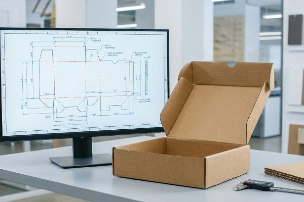 Brown corrugated E-flute box and CAD dieline on a monitor, illustrating structural packaging design with bend allowance and caliper compensation details.