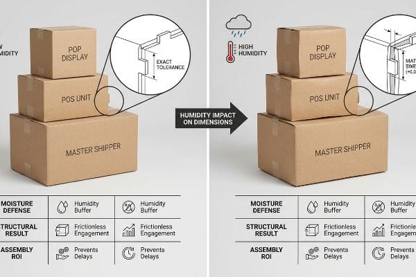 Cardboard boxes illustrate humidity's impact on dimensions, comparing precise interlocking tabs with Exact Tolerance to those swollen by 0.04 inches under High Humidity.