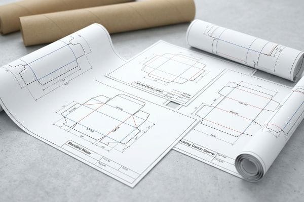 Several white sheets display technical dielines for Standard Mailer and Folding Carton Sleeve box templates, with brown cardboard tubes in the background.