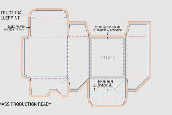 A structural blueprint for a box, detailing 0.5 Inch (12.7mm) Bleed Margin, Corrugated Board Thickness, Safe Zone, and Board Shift Tolerance, marked Mass Production Ready.