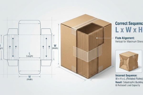 Box Dimensions Flute Alignment Corrugated cardboard box diagram with L x W x H dimensions, showing vertical flute alignment for maximum strength and catastrophic buckling from incorrect W x H x L.