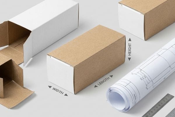Box Dimensions Measurement Guide Brown and white cardboard boxes with arrows labeling Width, Length, and Height, next to a rolled blueprint and ruler.