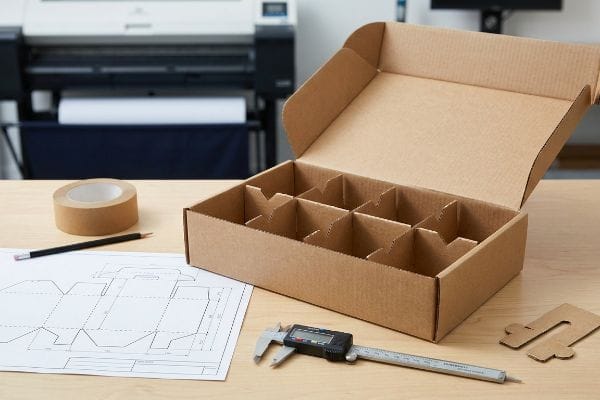Wellpappkarton mit modularen Inneneinteilungen, einem digitalen Messschieber und einem Verpackungsdesignplan.