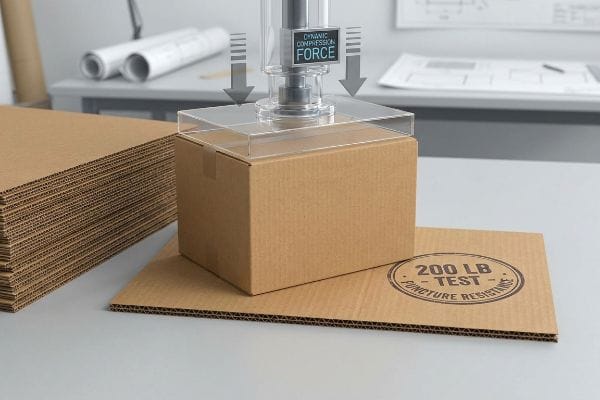 Brown corrugated cardboard box undergoing a Dynamic Compression Force test, with a 200 Lb Test Puncture Resistance stamp visible on the base.