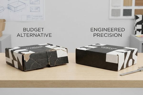 Damaged Budget Alternative mailer box with fiber cracking next to a pristine Engineered Precision custom printed box with smooth 90-degree folds.