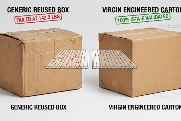 Reused vs Virgin Carton Micro-fractured generic reused box failed at 142.3 lbs compared to a 100% ISTA-6 validated virgin engineered carton.