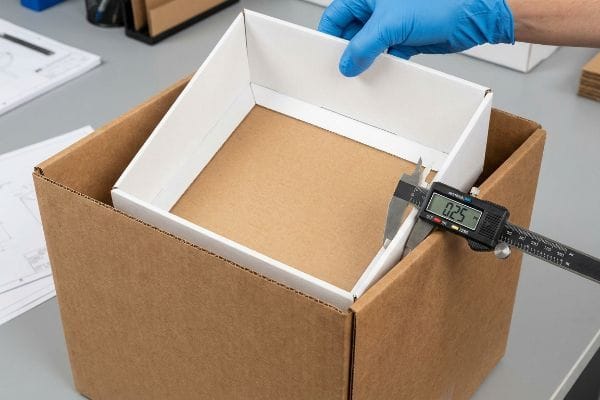 Friction Clearance Measurement Digital caliper measures 0.25 inches friction clearance between a white inner tray and a brown corrugated master carton.
