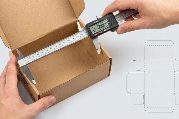 Digital caliper measuring internal dimensions of a brown cardboard box, displaying L: 150.0 mm and W: 100.0 mm, with a dieline.