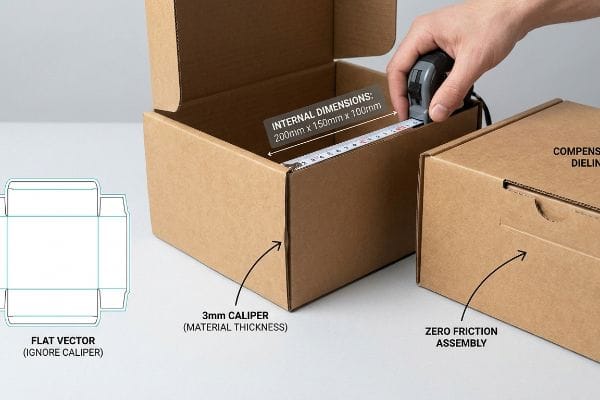 Box Internal Dimensions Brown corrugated box internal dimensions 200x150x100mm measured, showing 3mm Caliper thickness, Zero Friction Assembly, and Flat Vector dieline.