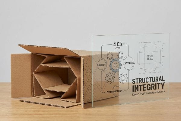 Packaging Structural Integrity 4 C's Corrugated cardboard box with internal structural design, beside a transparent panel displaying '4 C's' and 'Structural Integrity' for packaging.