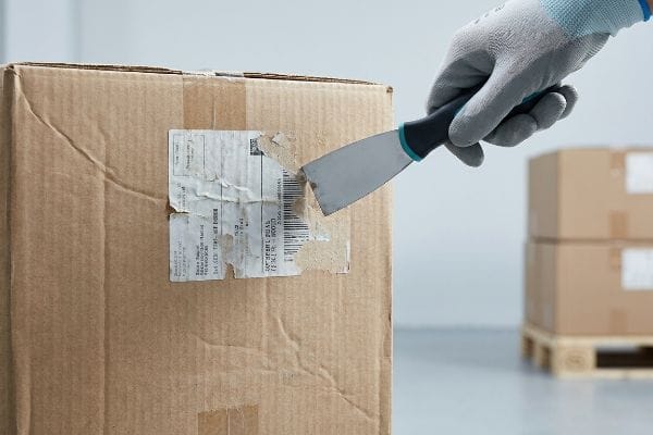 Reuse Box Label Removal A gloved hand scrapes a shipping label and barcode from a brown cardboard box, showing the complete removal of old routing labels for box reuse.