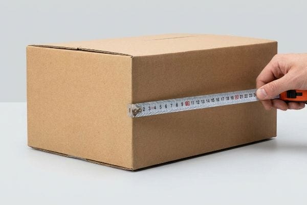 Measuring Box Length Brown corrugated cardboard box being measured for its length with a rigid tape measure, demonstrating precise packaging dimensions.