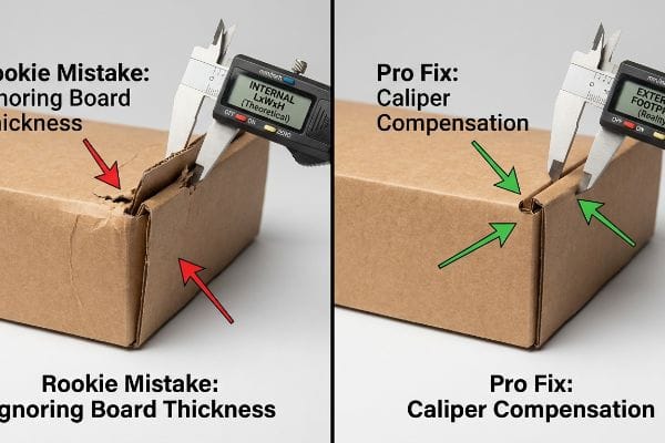 Box Measurement Pro Fix A digital caliper measures a torn brown corrugated box, illustrating "Rookie Mistake: Ignoring Board Thickness" (Internal L x W x H Theoretical), contrasted with a perfectly folded box demonstrating "Pro Fix: Caliper Compensation" (External Footprint Reality).