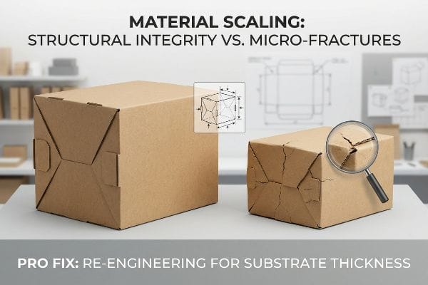 Material Scaling Micro-Fractures Brown cardboard boxes: Material Scaling, Structural Integrity Vs. Micro-Fractures. One perfect, one cracked with magnifying glass. Pro Fix: Re-Engineering For Substrate Thickness.